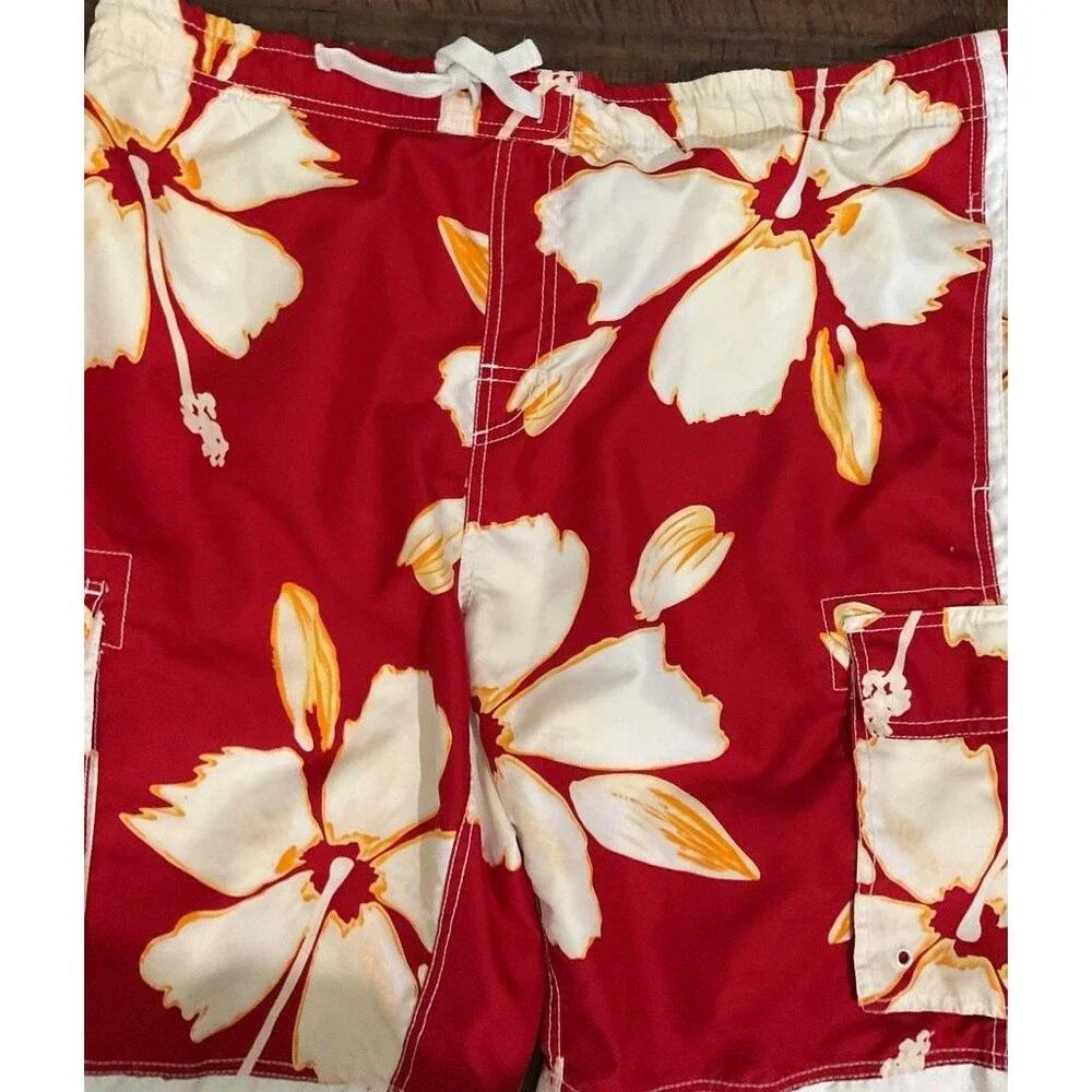 Red Floral Hawaiian Board Shorts with Cargo Pockets - Men's Swim Trunks 3xl